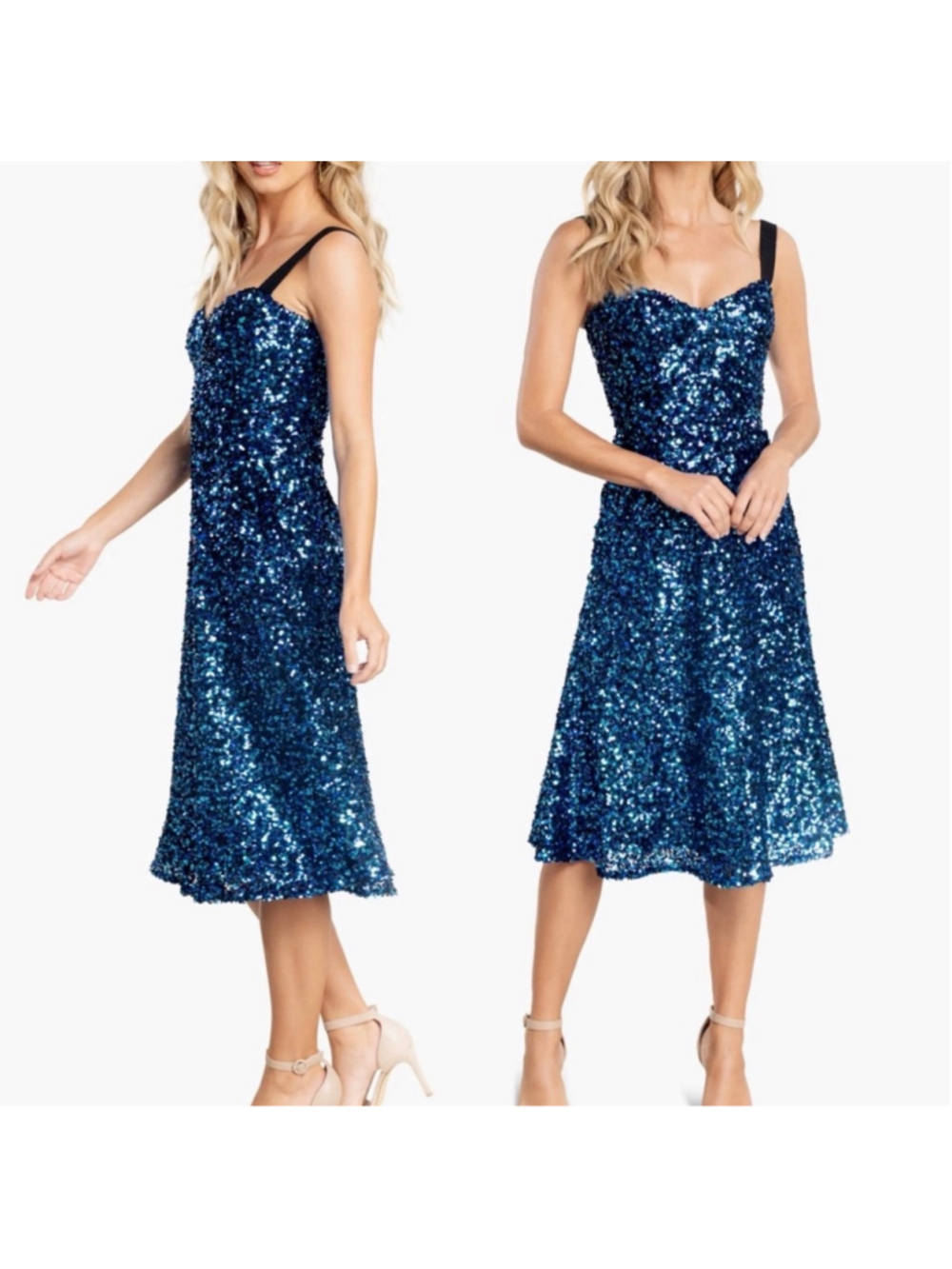 NWT Dress The Population Elena Sequin Midi Dress, Size M, Cobalt Blue/Black